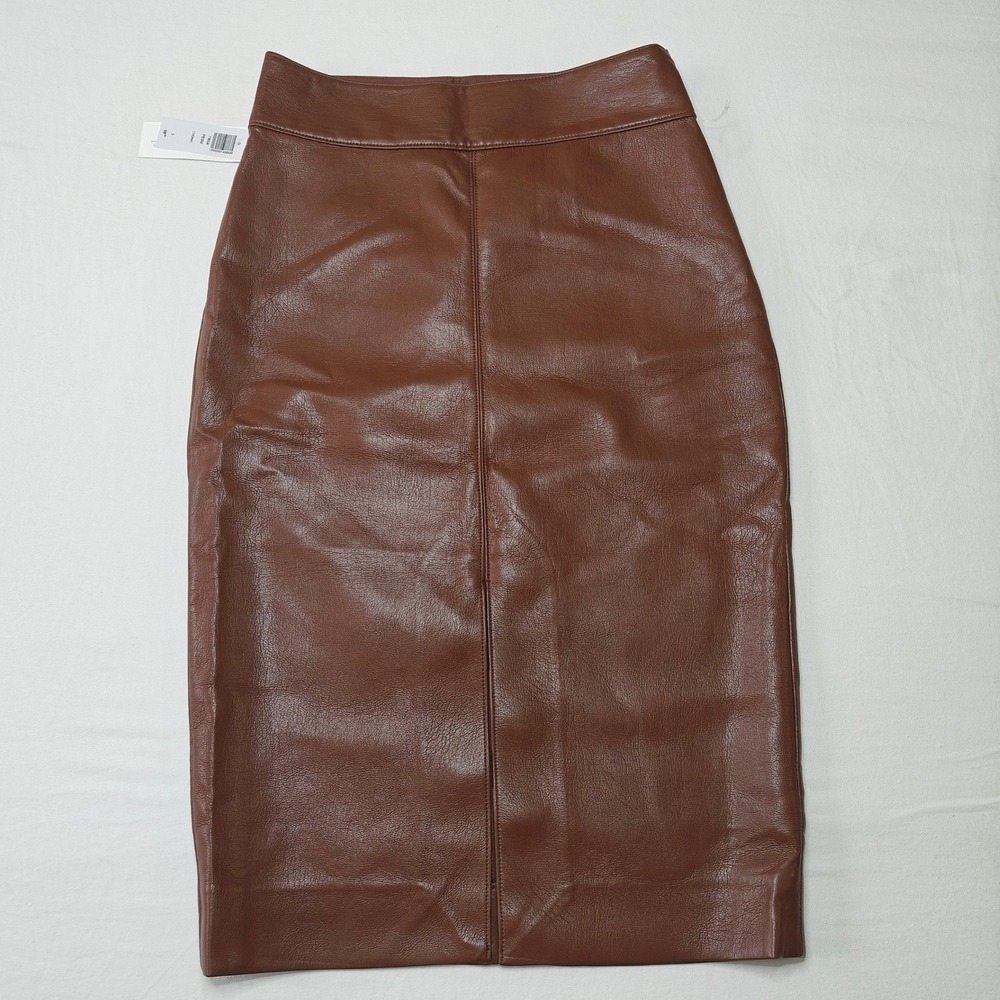 NWT Babaton Pegu Skirt Women 2 Cognac Brown Faux Leather Midi Pencil Office Chic